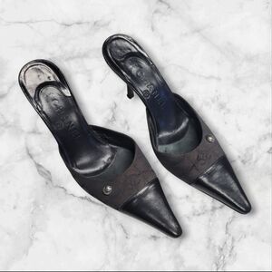 Vintage CHANEL Ligne Heeled Mules Shoes Pointed Toe Kitten Heels Black Brown 37